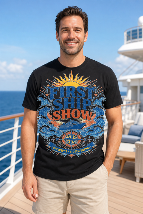 Male black T-shirt cruise deck mockup using exact CRUISE-0320 artwork