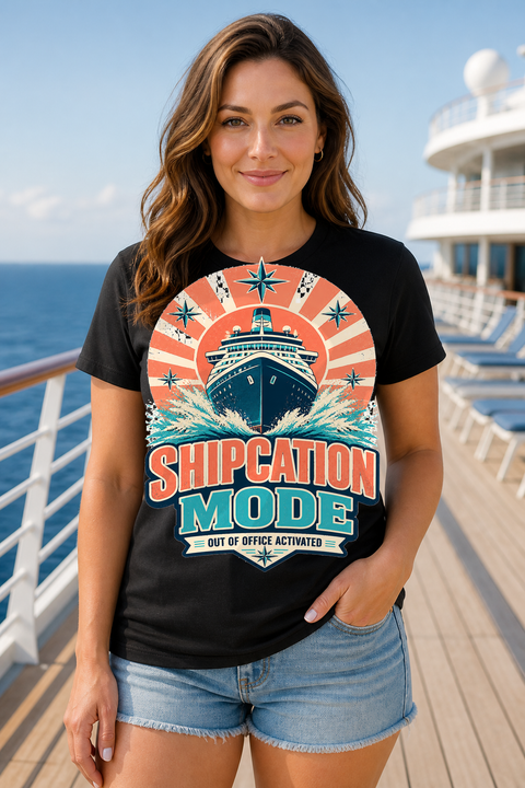 Female black T-shirt cruise deck mockup using exact CRUISE-0321 artwork