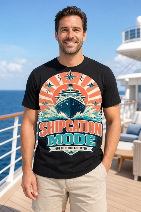 Male black T-shirt cruise deck mockup using exact CRUISE-0321 artwork