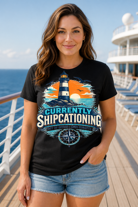 Female black T-shirt cruise deck mockup using exact CRUISE-0322 artwork