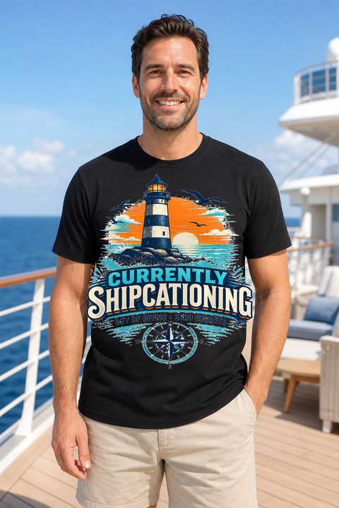 Male black T-shirt cruise deck mockup using exact CRUISE-0322 artwork
