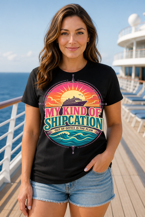 Female black T-shirt cruise deck mockup using exact CRUISE-0323 artwork