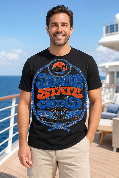 Male black T-shirt cruise deck mockup using exact CRUISE-0324 artwork