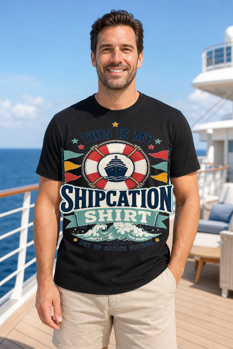 Male black T-shirt cruise deck mockup using exact CRUISE-0325 artwork