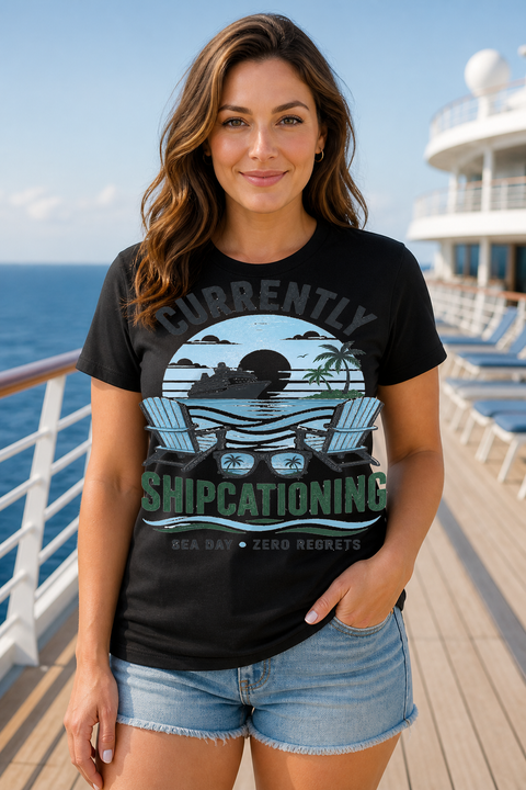 Female black T-shirt cruise deck mockup using exact CRUISE-0327 artwork