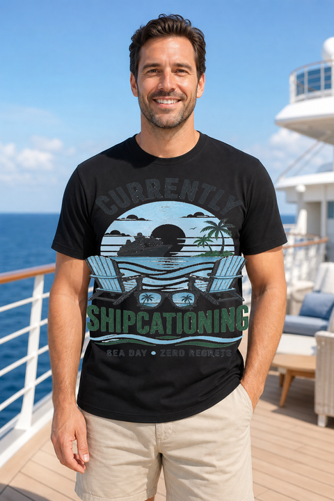 Male black T-shirt cruise deck mockup using exact CRUISE-0327 artwork