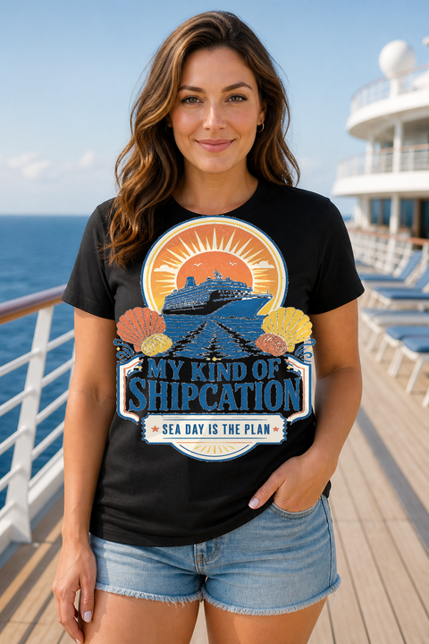 Female black T-shirt cruise deck mockup using exact CRUISE-0328 artwork
