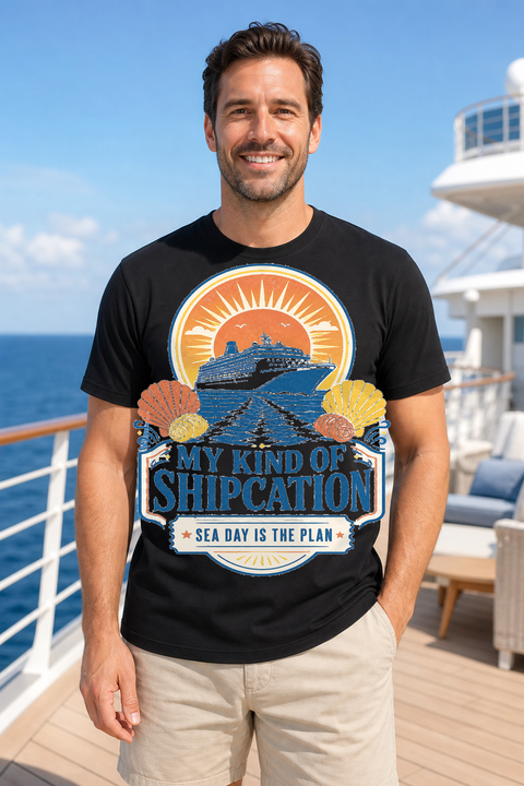 Male black T-shirt cruise deck mockup using exact CRUISE-0328 artwork