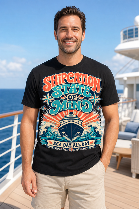 Male black T-shirt cruise deck mockup using exact CRUISE-0329 artwork
