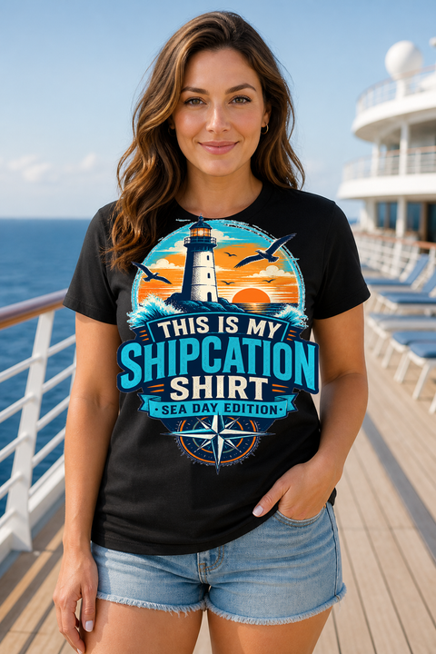 Female black T-shirt cruise deck mockup using exact CRUISE-0330 artwork