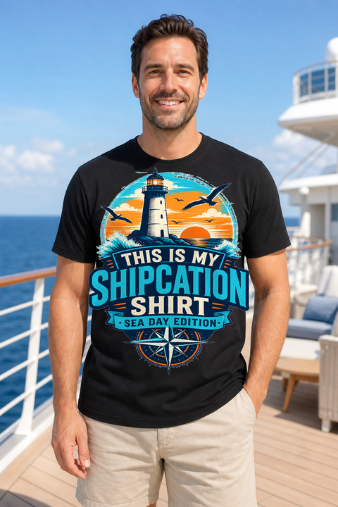 Male black T-shirt cruise deck mockup using exact CRUISE-0330 artwork