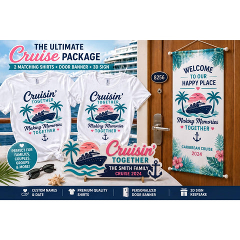 Personalized Cruise Door Decor Package | Matching Shirts, Banner, 3D Sign