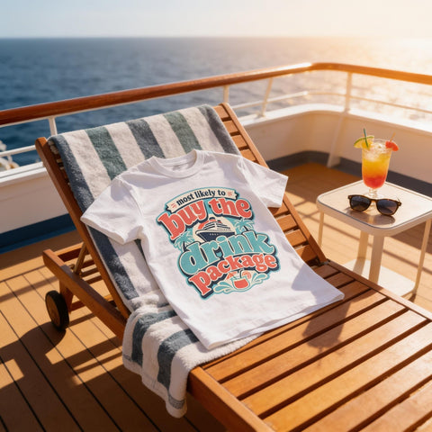 Cruise Humor T-Shirt | Most Likely to Buy Drink Package, Unisex Vacation Wear