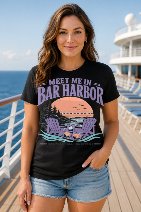Female black T-shirt cruise deck mockup using exact CRUISE-0158 artwork