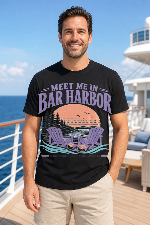 Male black T-shirt cruise deck mockup using exact CRUISE-0158 artwork