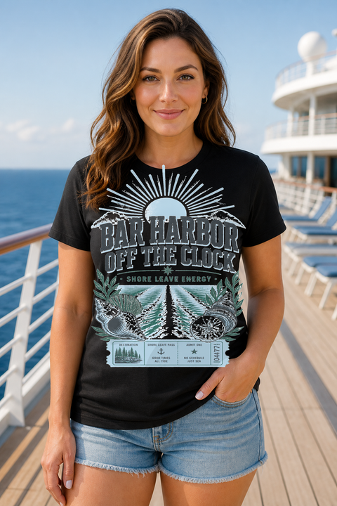 Female black T-shirt cruise deck mockup using exact CRUISE-0159 artwork