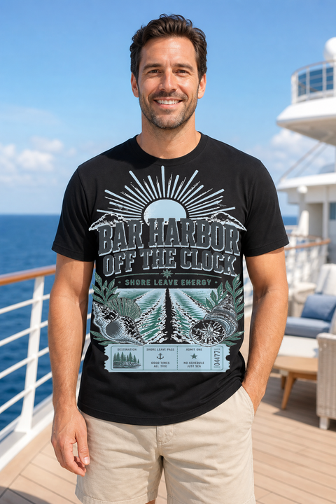 Male black T-shirt cruise deck mockup using exact CRUISE-0159 artwork