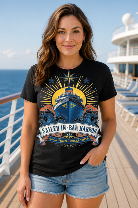 Female black T-shirt cruise deck mockup using exact CRUISE-0160 artwork