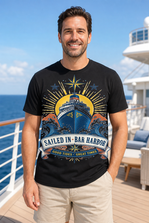 Male black T-shirt cruise deck mockup using exact CRUISE-0160 artwork