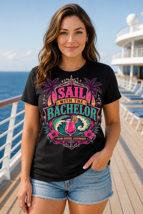 Female black T-shirt cruise deck mockup using exact CRUISE-0299 artwork
