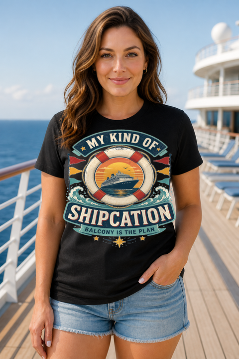 Female black T-shirt cruise deck mockup using exact CRUISE-0333 artwork