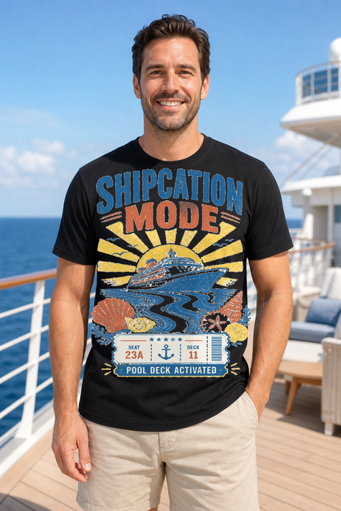 Male black T-shirt cruise deck mockup using exact CRUISE-0336 artwork