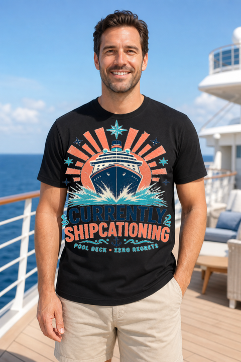 Male black T-shirt cruise deck mockup using exact CRUISE-0337 artwork