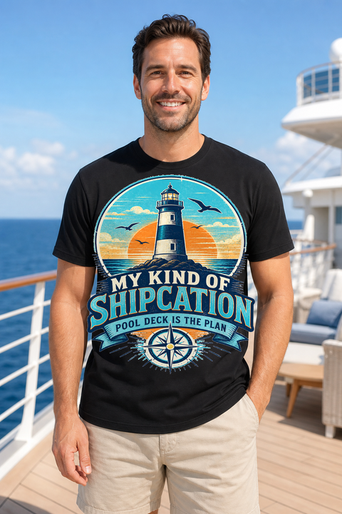 Male black T-shirt cruise deck mockup using exact CRUISE-0338 artwork