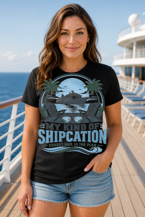 Female black T-shirt cruise deck mockup using exact CRUISE-0343 artwork