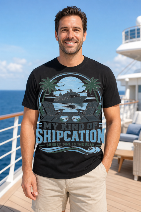Male black T-shirt cruise deck mockup using exact CRUISE-0343 artwork