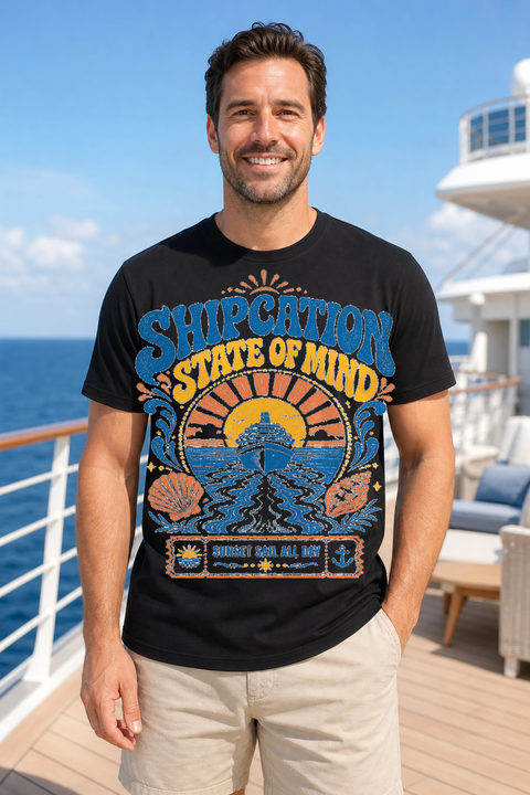 Male black T-shirt cruise deck mockup using exact CRUISE-0344 artwork