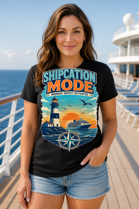 Female black T-shirt cruise deck mockup using exact CRUISE-0346 artwork