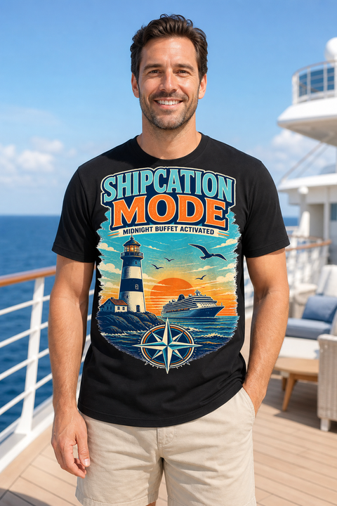 Male black T-shirt cruise deck mockup using exact CRUISE-0346 artwork