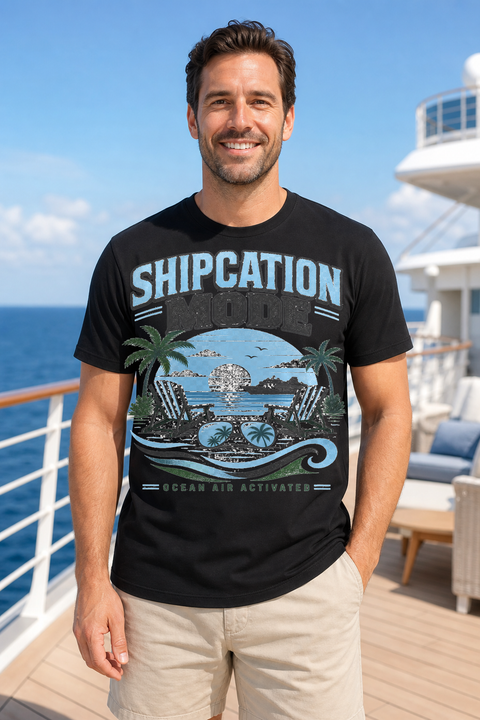 Male black T-shirt cruise deck mockup using exact CRUISE-0351 artwork