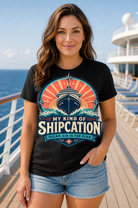 Female black T-shirt cruise deck mockup using exact CRUISE-0353 artwork