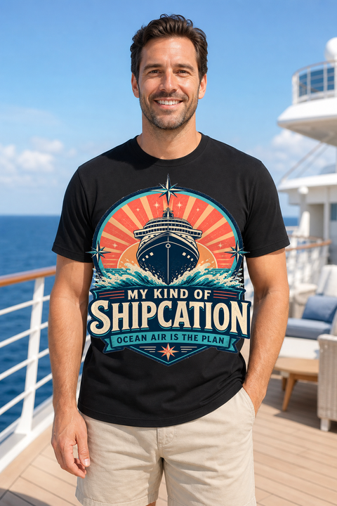 Male black T-shirt cruise deck mockup using exact CRUISE-0353 artwork