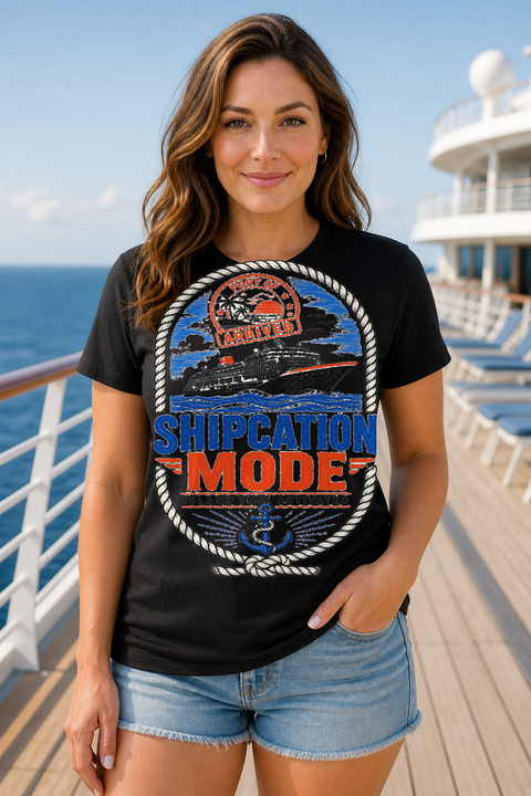 Female black T-shirt cruise deck mockup using exact CRUISE-0356 artwork