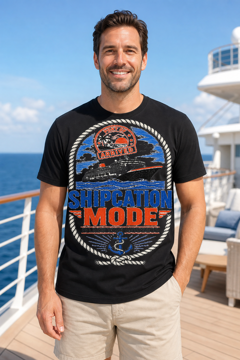 Male black T-shirt cruise deck mockup using exact CRUISE-0356 artwork