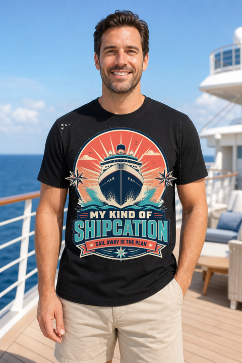 Male black T-shirt cruise deck mockup using exact CRUISE-0393 artwork