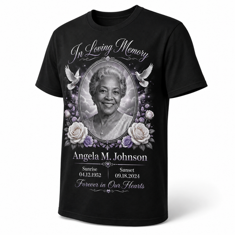 Custom memorial shirt example featuring a personalized portrait tribute and Forever in Our Hearts remembrance message