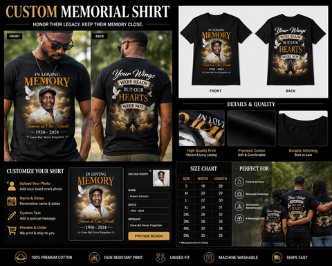Custom memorial shirt personalization guide with front and back examples, size chart and print details