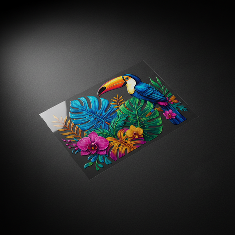 Single DTF transfer sheet flat lay on dark background