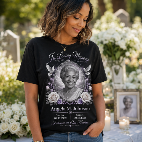 Personalized memorial photo shirt worn at a celebration of life gathering