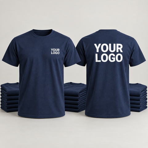 Custom work shirt mockup showing navy T-shirt front with a left-chest logo and back with a large logo, alongside folded crew shirts.