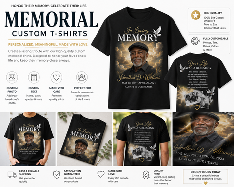 Custom memorial shirt presentation with personalized photo, text and product quality details